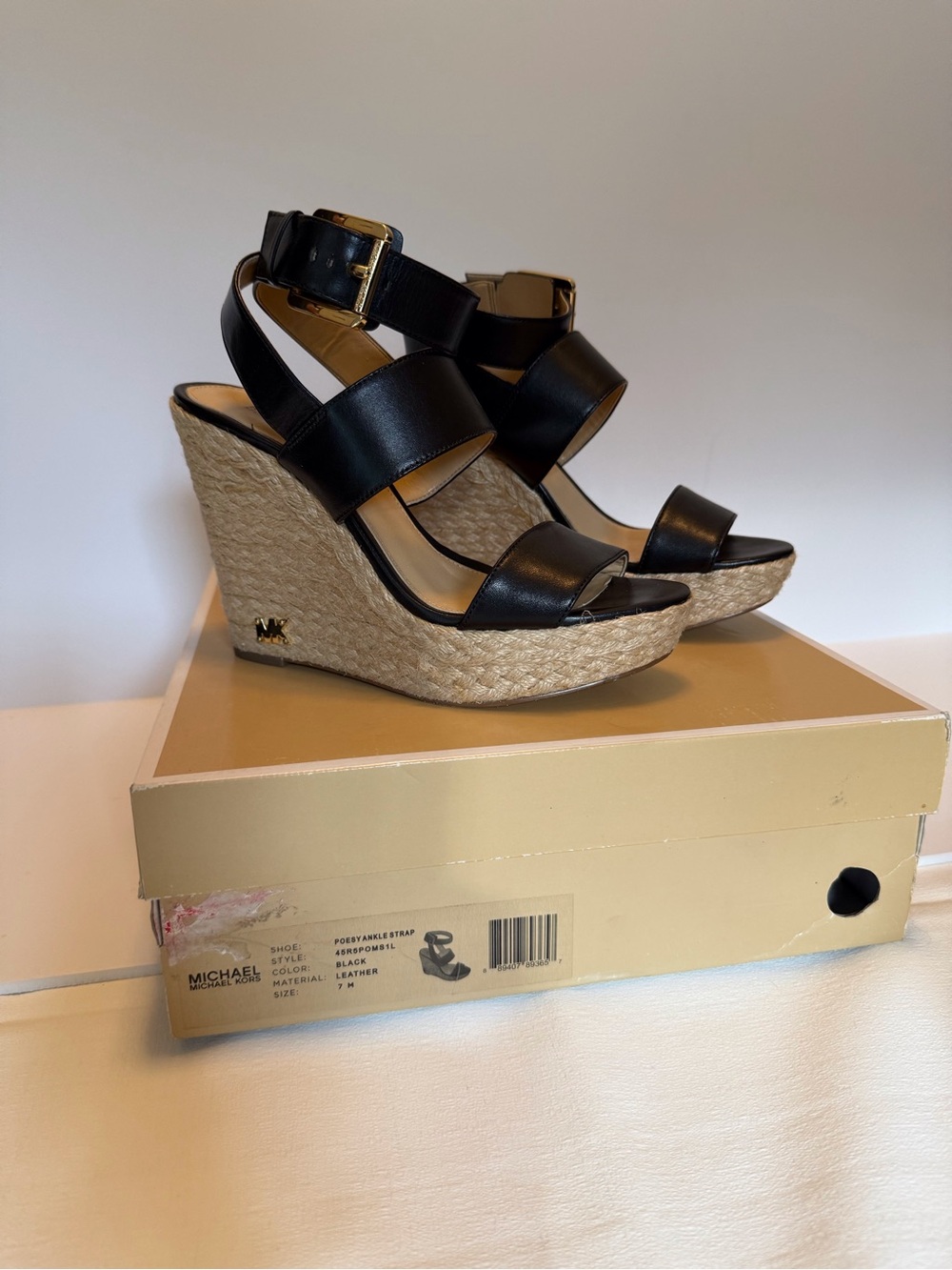 Michael Kors Poesy Black Leather Espadrille Wedge Sandal